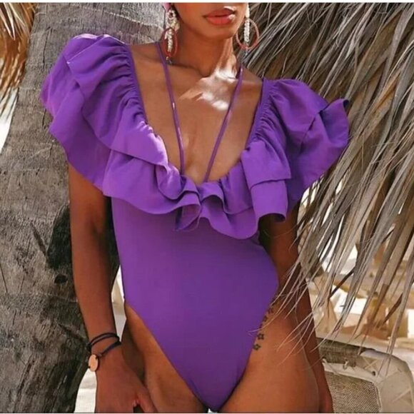 ZARA NWT Fashion Maxi Ruffle V Neck Purple Swimsuit Size S Bloggers Fave Holiday - Picture 1 of 13